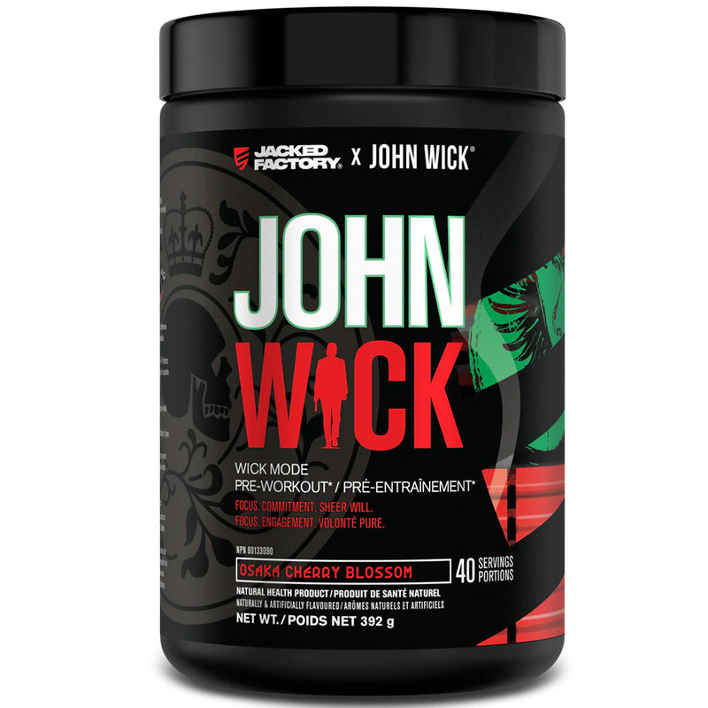 John Wick pre-workout supplement container with branding on a white background