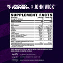 Supplement facts label for Jacked Factory x John Wick product on a purple background
