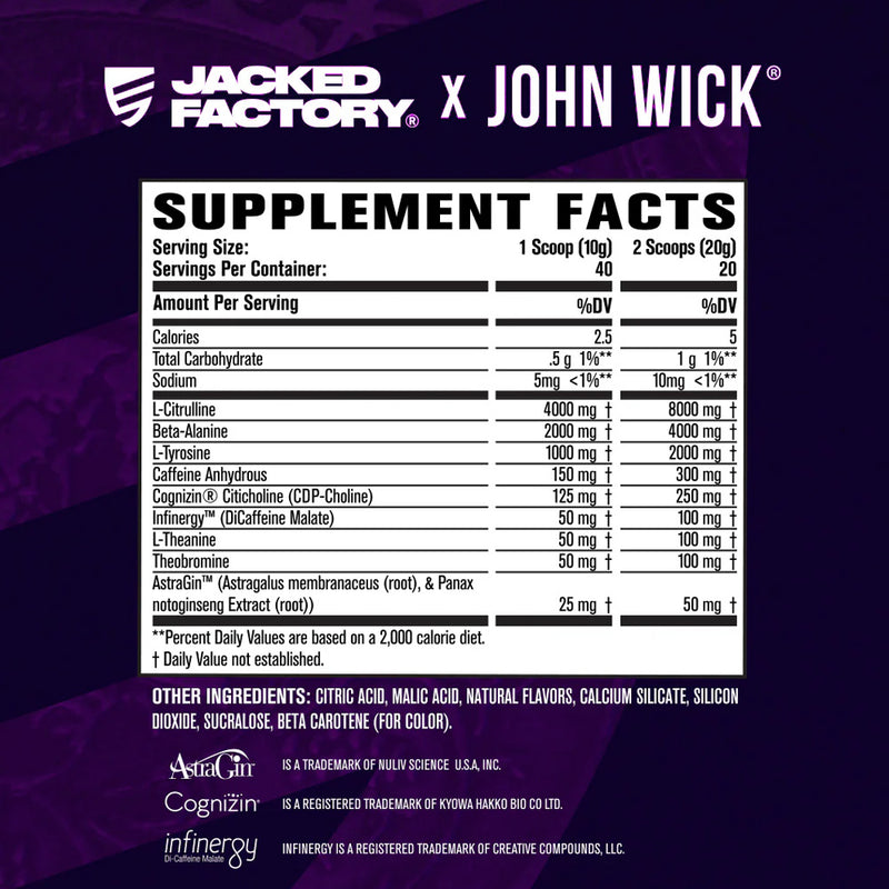 Supplement facts label for Jacked Factory x John Wick product on a purple background