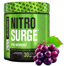 Green supplement container labeled 'Nitro Surge' with a bunch of grapes on a white background