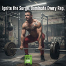 Muscular man lifting weights with a supplement container labeled 'Nitro Surge' in a gym setting.