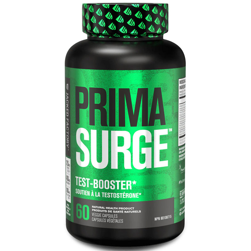 Green and black supplement bottle labeled 'Prima Surge' on a white background