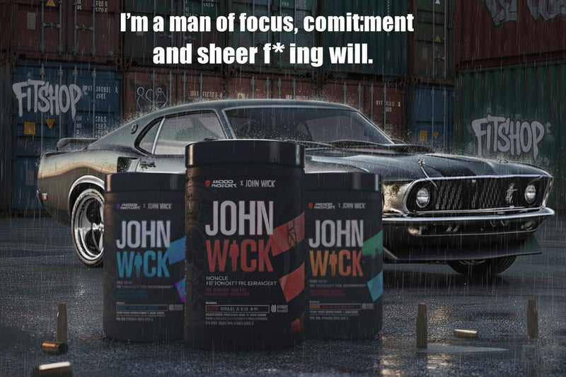John Wick supplements with a black car and urban background