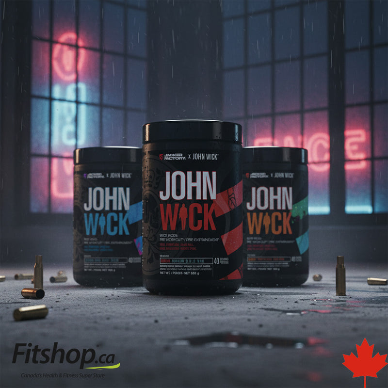 John Wick supplement containers with a neon sign and bullet casings in the background, featuring Fitshop.ca.