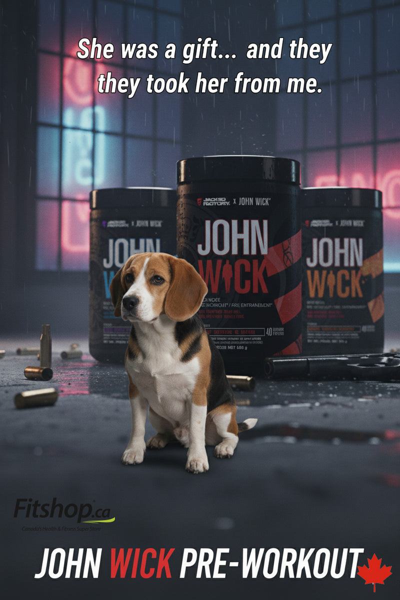 Dog sitting in front of John Wick pre-workout supplement containers with text overlay.