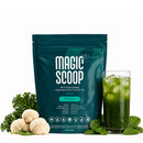 MAGIC SCOOP supplement package with a glass of green juice and ingredients on a white background