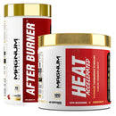 Two containers of Magnum brand dietary supplements, one labeled 'AFTER BURNER' in red and the other 'HEAT ACCELERATED' in white, both with text detailing product information.