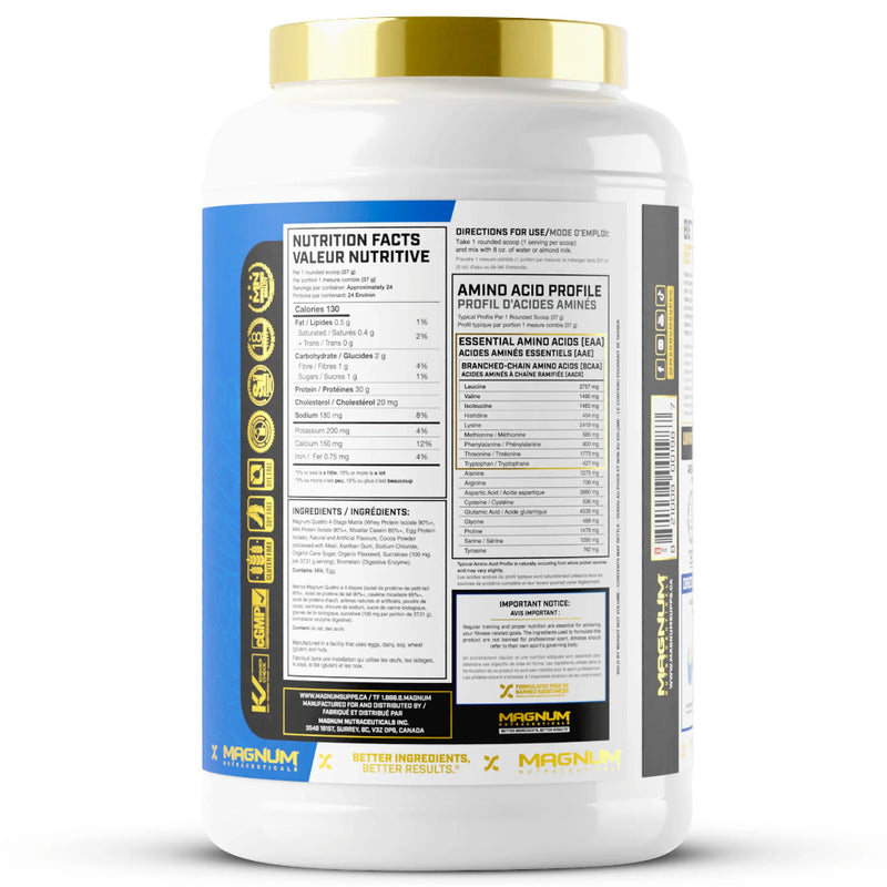 Magnum Nutraceuticals Quattro (2 lbs) Back of the bottle supplement facts of ingredients. Every scoop of Magnum Quattro delivers 30 grams of protein through four absorption stages, contributing to a sustained positive nitrogen balance for up to six hours.