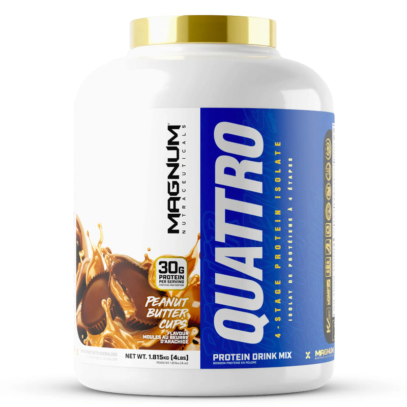 Buy Now! Magnum Nutraceuticals Quattro (4 lbs) chocolate peanut butter cups. Every scoop of Magnum Quattro delivers 30 grams of protein through four absorption stages, contributing to a sustained positive nitrogen balance for up to six hours.