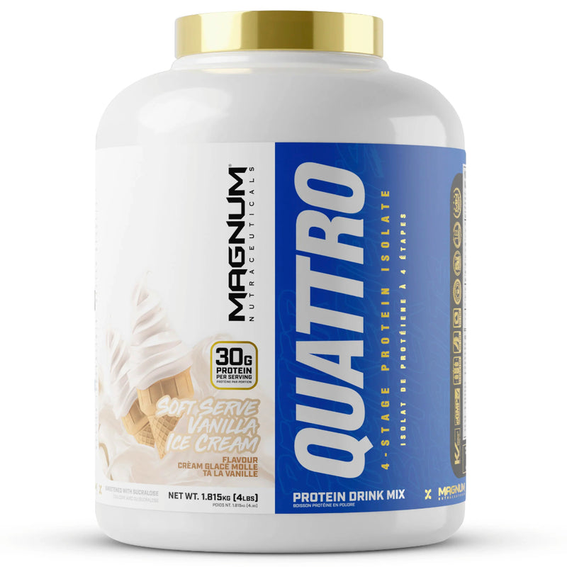 Buy Now! Magnum Nutraceuticals Quattro (4 lbs) Soft Serve Vanilla Ice Cream. Every scoop of Magnum Quattro delivers 30 grams of protein through four absorption stages, contributing to a sustained positive nitrogen balance for up to six hours.