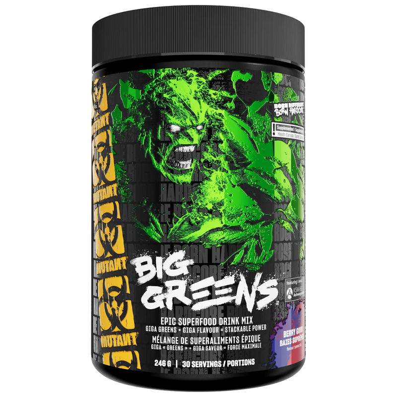 Supplement container labeled 'Big Greens' with a green and black design on a white background