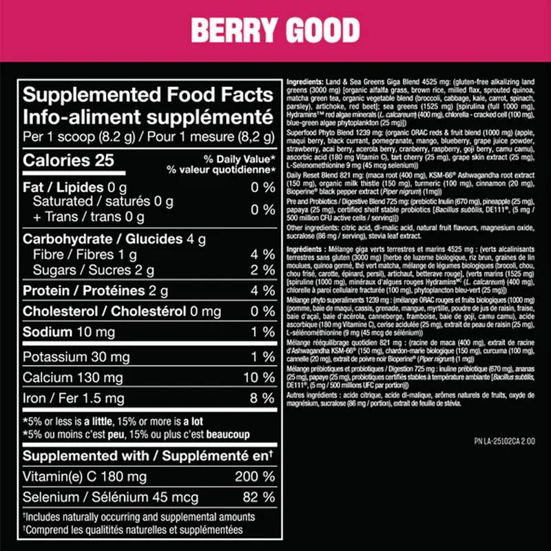 Supplement label with food facts and ingredients on a pink background