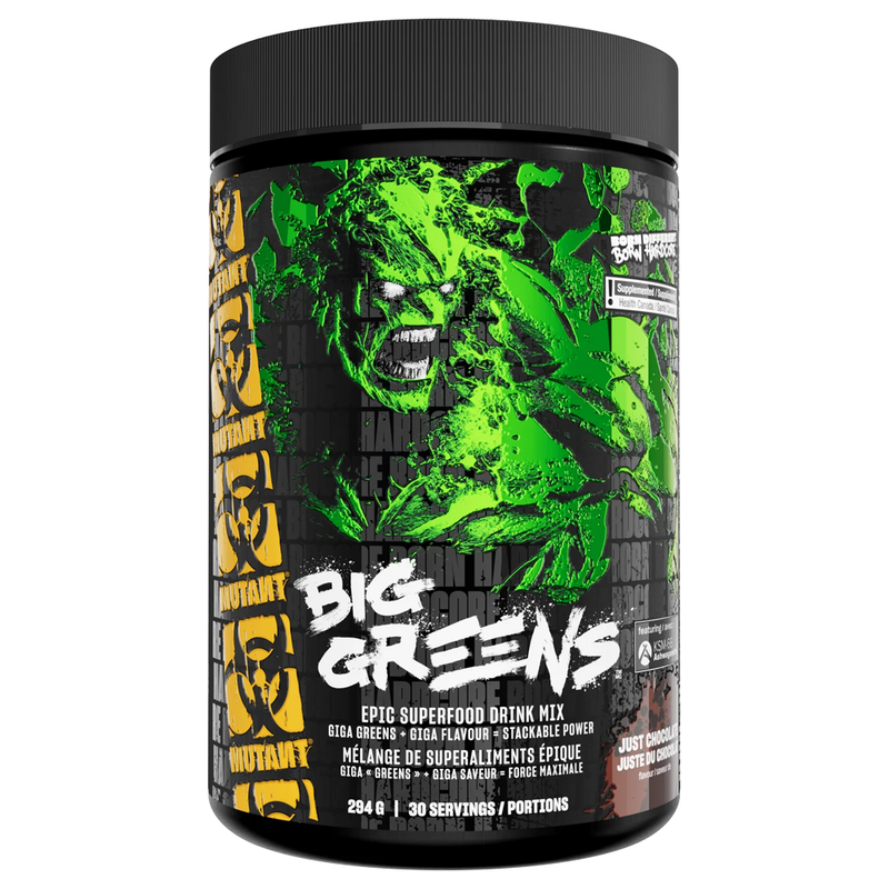 Supplement container labeled 'Big Greens' with a green and black design on a white background