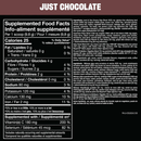 Nutritional label for a product labeled 'Just Chocolate' with supplement facts.