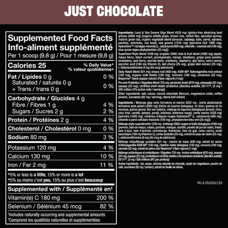Nutritional label for a product labeled 'Just Chocolate' with supplement facts.
