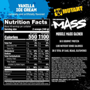 Nutrition facts label and packaging of Mutant Mass Muscle Mass Gainer in vanilla ice cream flavor.