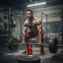 Muscular man lifting weights with a supplement container in the foreground in a gym setting