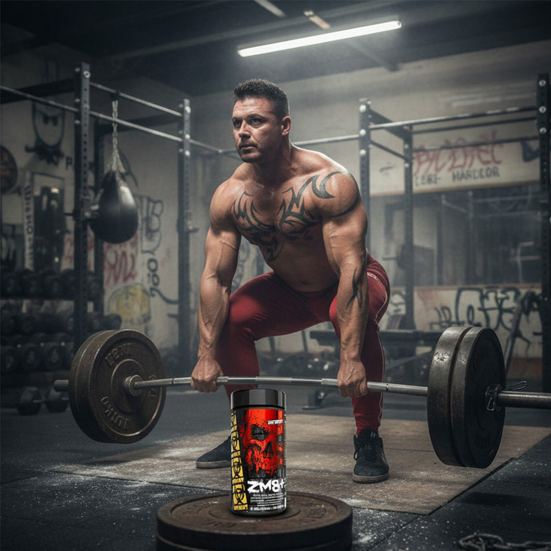 Muscular man lifting weights with a supplement container in the foreground in a gym setting