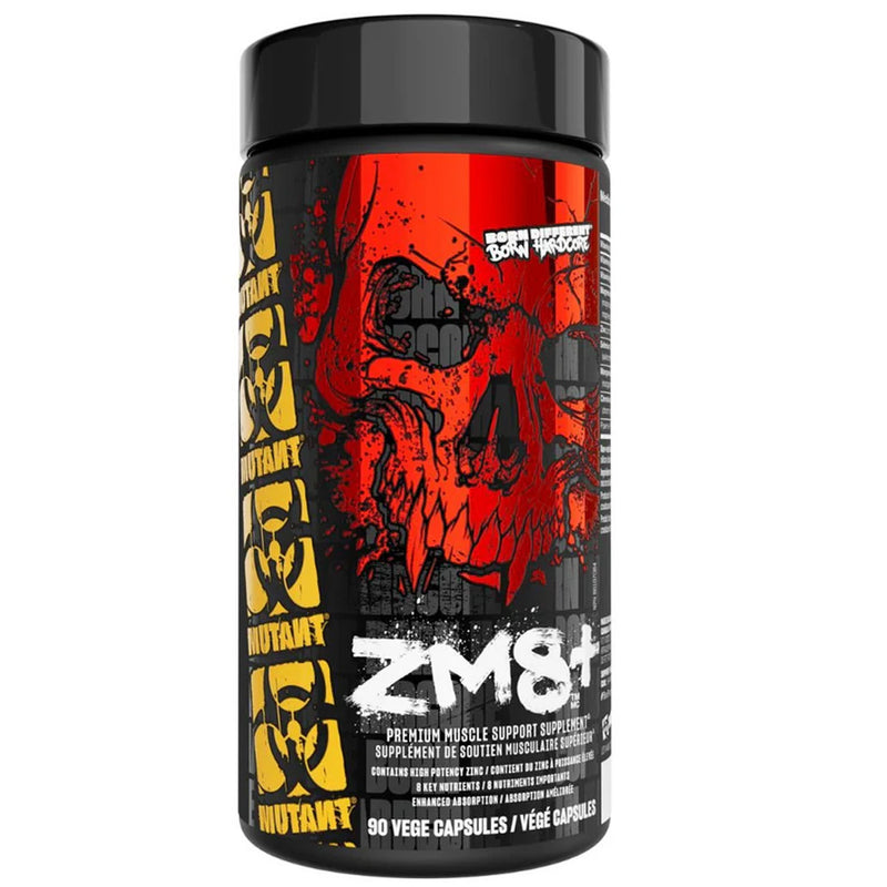 Supplement container with red and black design featuring a skull andMutant branding on a white background.