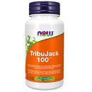 A bottle of NOW Foods TribuJack 100 supplement with 60 Vcaps. The packaging is predominantly white with green and orange accents, and it is labeled as a product that supports muscle function, testosterone levels, and immune health.