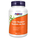A bottle of NOW Foods Liver Support supplements with 90 Vcaps. The label is predominantly white and green, with an image of a capsules inside.