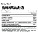 Medicinal ingredients label for a product called 'Candy Blast' with detailed ingredient list and serving information.
