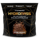 A bag of Nutrabolics Hydromass Extreme Chocolate protein powder. The packaging is black with gold geometric lines and features a chocolate ice cream splash graphic on the front, indicating the chocolate flavor.