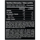 A close-up of a black nutrition facts label for a chocolate protein powder product, showing serving size, calories, fat, carbohydrates, fiber, sugars, and protein, with ingredient text below on a white background.