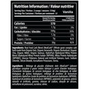 A close-up of a black Nutrition Facts label with white text, showing serving size, calories, carbohydrates, fiber, sugars, and protein for a Vanilla flavor product. The ingredients section lists real food carb blend and whey protein components.