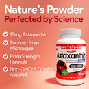 Nutridom Astaxanthin supplement bottle with product details on a red background