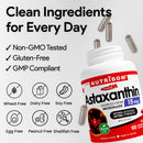 Nutriddom Astaxanthin supplement bottle with certification icons on a light gray background