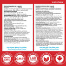 Nutritional supplement label with medicinal and non-medicinal ingredients, usage instructions, and certification logos on a red background.