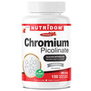 A white bottle of Nutridom Chromium Picolinate dietary supplement with a white cap, featuring a red and black label with a Veggie Caps badge.