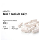 White vegetarian capsules scattered on a white background with text stating 'Adults (19+) Take 1 capsule daily.' and 'Vegetarian Capsule Size 0.
