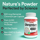 A white bottle of NUTRIDOM Chromium Picolinate dietary supplement on a teal-green background with promotional text highlighting 500 mcg chromium per capsule, 4,030 mcg chromium picolinate, 150 day supply, and non-GMO quality.