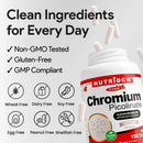 A bottle of NutriDom Chromium Picolinate dietary supplements shown on a light gray background with promotional text and ingredient icons. The white bottle has a red and black label with a Veggie Caps badge.