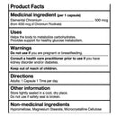 Product facts label for a chromium supplement, showing the medicinal ingredient elemental chromium 500 mcg, uses, warnings, directions, and non-medicinal ingredients.