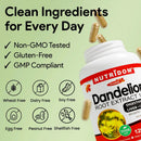 NUTRIDOM Dandelion Root Extract bottle with green background and text about product features.