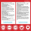 Nutritional supplement label with medicinal ingredients, certifications, and branding on a red background.