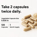 Vegetable capsules with text indicating daily intake and supplement details on a light background