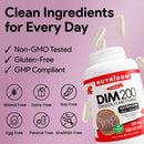 NUTRIDOM DIM 200 supplement bottle with product details on a pink background