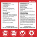 Nutriddom supplement label with medical information and certification logos on a red background