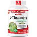 Nutridom L-Theanine supplement bottle with green tea leaf illustration on a white background