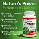 Nutriderm L-Theanine supplement bottle with green tea leaf imagery on a green background