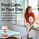 Woman sitting by a window with L-Theanine supplement bottle and text about finding calm.