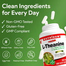NUTRIDOM L-Theanine supplement bottle with green background and text about clean ingredients.