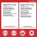 Nutrédome supplement label with ingredient list, recommended use, and certification logos on a red background.