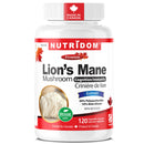 A white plastic bottle of Nutridom Premium Lion's Mane Mushroom Extract capsules, featuring a white cap and a label with red, blue, and black text, set against a plain white background.