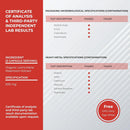 A product information graphic for Organic Lion's Mane Mushroom Extract, 2 capsules serving, 500 mg. The graphic features a red left sidebar with text and a light gray/white diagonal-striped background on the right containing two tables for microbiological and heavy metal specifications.