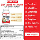 NutriDom Lion's Mane Mushroom supplement bottle shown on a white and red promotional graphic with text listing benefits such as corn free, wheat free, gluten free, soy free, dairy free, tree nuts free, and peanut free.